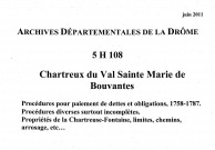 Procédures pour paiement de dettes et obligations (1758-1787), procédures diverses incomplètes ; propriétés de la Chartreuse-Fontaine, limites, chemins, arrosages, etc. ; lettres diverses, pensions et reconnaissances.