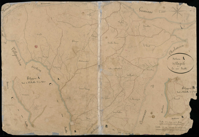 Section A, Angèle . Bourrel (lieu-dit et hameau de, parcelles n° 412-453), Condamine (lieu-dit et hameau de la, parcelles n° 533-541) (agrandissements).