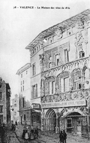 Reproduction d'une gravure de la Maison des Têtes, Grande-Rue en 1830.