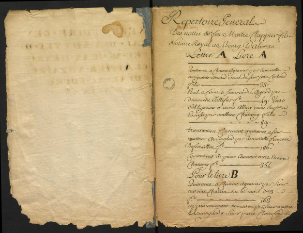 Répertoire gérénal renvoyant aux registres A à F [1714-1727].