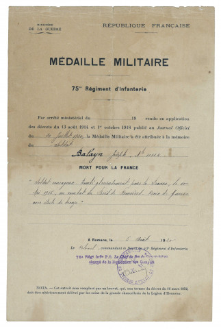 Noël Balayn. - Décès : extrait d'acte (1940) ; médaille militaire : arrêté (1920).