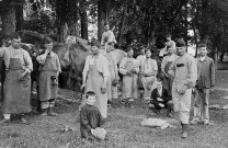 Soldats s'occupant de chevaux.