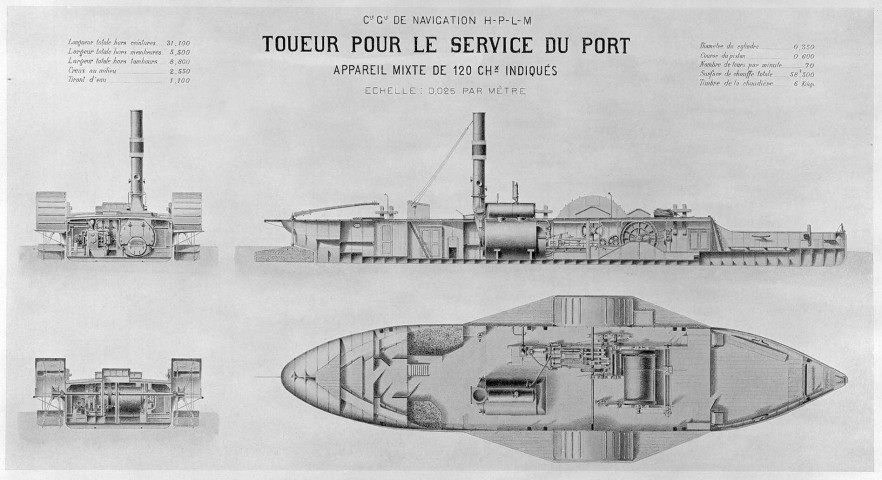 Plan coupe d'un toueur pour le service du port.