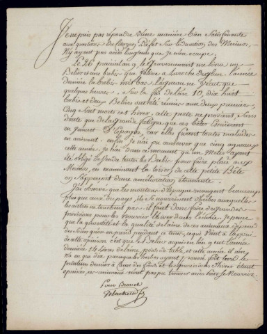 Introduction de mérinos dans le département. - Ventes, souscriptions, distribution, renseignements sur la prospérité des troupeaux : correspondance, état, procès-verbal, avis (affiche), notes, tableau, échantillons de laine, brochure (an IX-1806, 1809). Envoi d'une instruction sur les bêtes à laine : correspondance, rapport (1810).