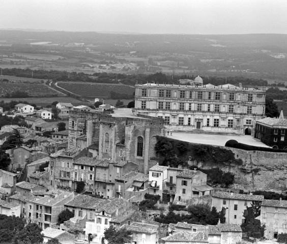 Vue aérienne du château, de la collégiale et d'une partie du village.