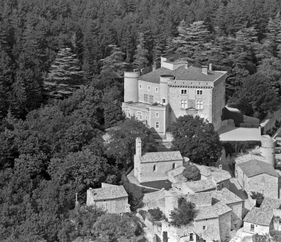 Vue aérienne du château et du village.