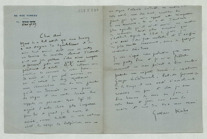 LAS le remerciant pour l’article sur le symbolisme et lui parlant d'une entrevue avec son frère Louis Le Cardonnel.