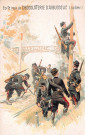 Carte publicitaire de la chocolaterie d'Aiguebelle, militaires sabotant la voie ferrée.