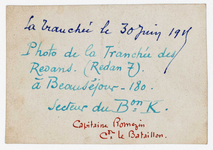 Beauséjour 180, Secteur du bataillon K, tranchée des Redans, Redan 7. - Le capitaine Romezin commandant le bataillon.