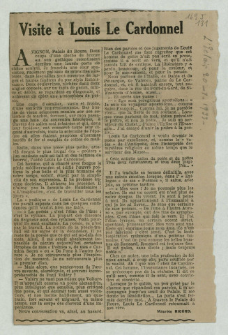  « Visite à Louis Le Cardonnel », L'Éclair, 20 janvier 1933 Ricord, Maurice