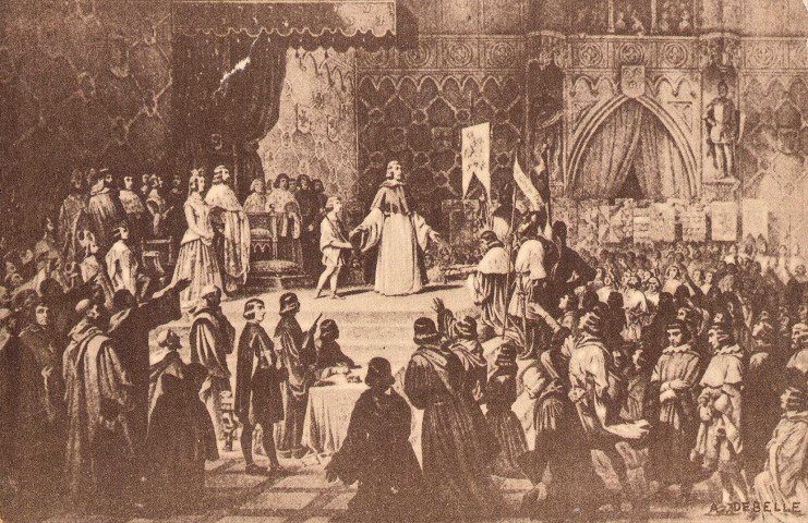VIe Centenaire du rattachement du Dauphiné à la France. Carte officielle du Comité régional. Présentation par Humbert II du Dauphin Charles, son successeur, en suite de l'acte de transport du Dauphiné à la France passé à Romans le 30 Mars 1349, (Tableau de Debelle, Hôtel de Ville de Grenoble).