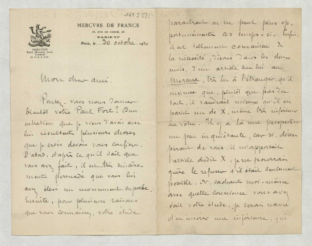 LAS lui demandant quand sera publié son article sur Paul Fort et lui parlant de ce dernier et du besoin d'articles dans le Mercure.