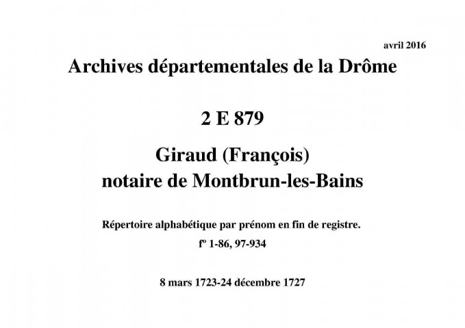 Répertoire alphabétique par prénom en fin de registre. (8 mars 1723-24 décembre 1727).