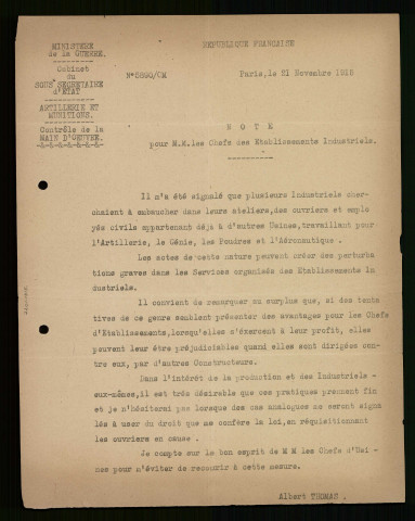 Ministère de la guerre, contrôle de la main-d'oeuvre. - Instructions.