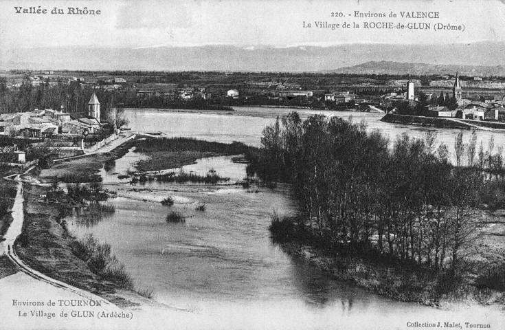 Glun (Ardèche).- Vue du village, de la Roche de Glun et du Rhône.