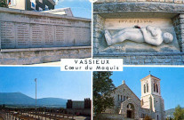 Quatre vues du village.- Le Mémorial aux victimes morts pour la France en juillet 1944, le Gisant, la Nécropole de la Résistance, l'église Notre-Dame-de-l'Assomption.