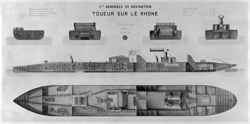 Plan coupe d'un toueur sur le Rhône.