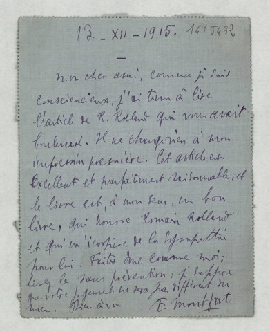 LEAS lui conseillant de lire le livre de Romain Rolland.