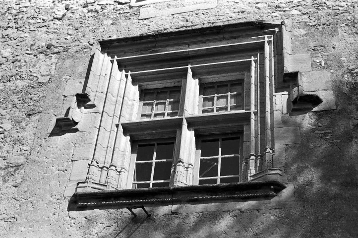 Montjoux. - La façade sud du château (XVe s.), fenêtre à blasons.