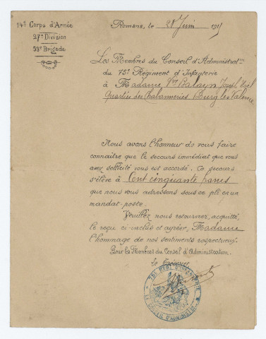 Berthile Balayn. - Secours : correspondance (1915), pension : notification (1916).