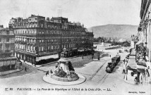 Valence.- Le Grand Hôtel de la Croix d'Or, place de la République, le tramway de la ligne Valence Chabeuil mise en service le 1 mars 1894.