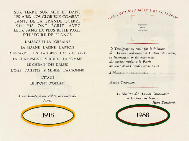 Fascicule en souvenir du cinquantième anniversaire de la victoire 1918-1968 au nom de Gabriel Thivolle.