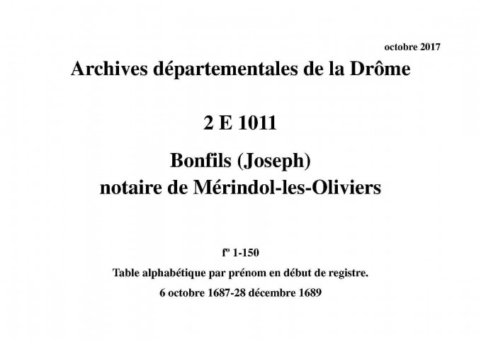 6 octobre 1687-28 décembre 1689