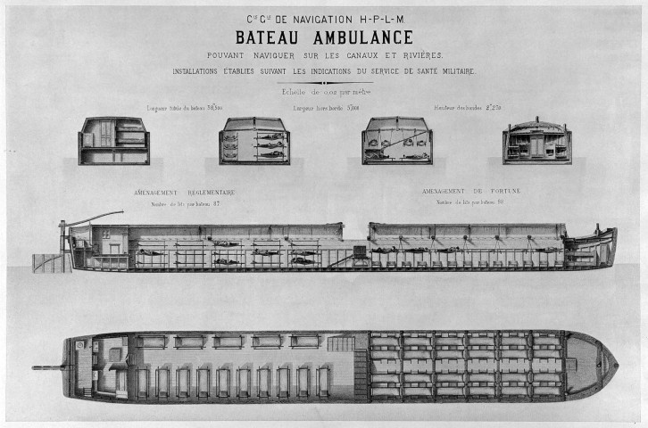 Plan coupe d'un bateau ambulance.