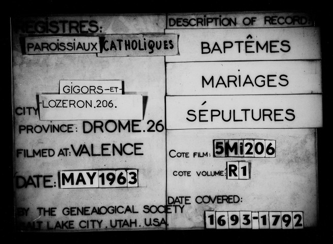 Religion catholique. - Baptêmes, mariages, sépultures (1693-1792).