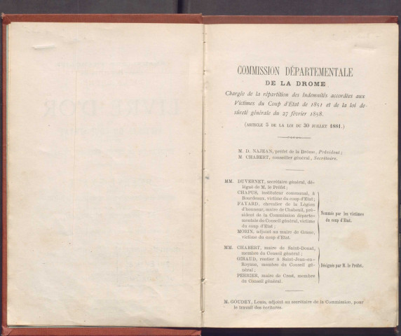 Livre d'or des victimes du coup d'état de 1851 et de la loi de sûreté générale de 1858 Première édition ValenceImp. A. Teyssier & Cie1883
