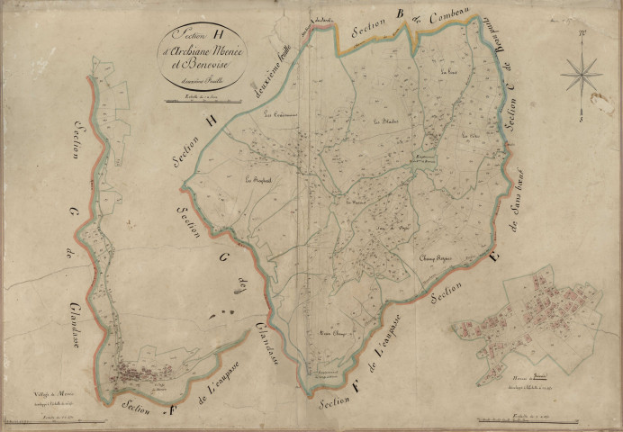 Section H2, Archiane, Menée et Bénévise. Benevise (hameau, parcelles n° 496-626); Pierre Courbe, Pré Bailler (lieux-dits, parcelles n° 919-993) et Menée (hameau, parcelles n° 993 bis-1082) (agrandissements)