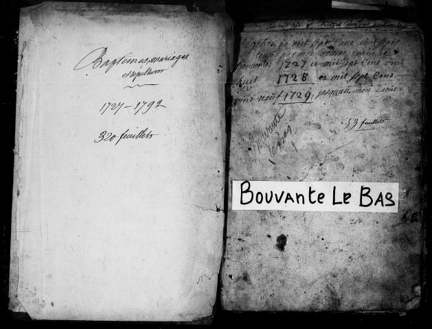 Paroisse de Bouvante-le-Bas. - Baptêmes, mariages, sépultures (1727-1792).