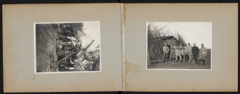 Groupe de soldats devant un canon. Soldats devant un abri.