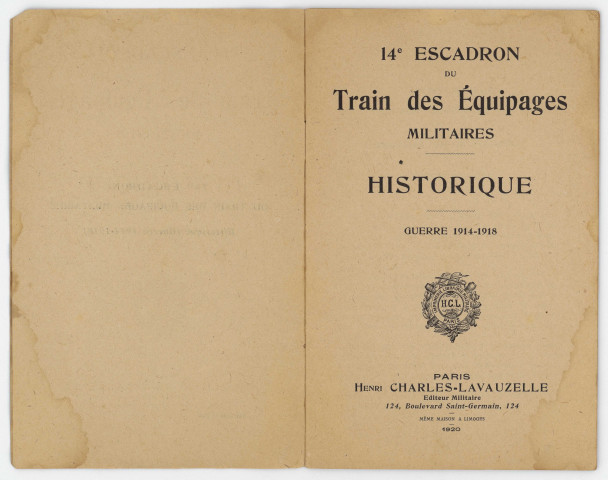 14e escadron du train des équipages militaires. Historique. Guerre 1914-1918. Paris : Charles-Lavauzelle, 1920. 43 p.