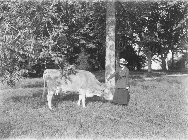 Charols, château de Salettes. - Marthe de Courtois et une vache.