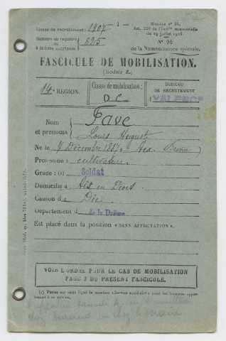 Vie militaire. - Mobilisation : fascicule (1936), obligations militaires : titre de libération (1937), citation : ordre du régiment (1918), permission : correspondance, titre (1917).