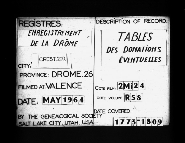 Tables des donations et autres dispositions éventuelles.