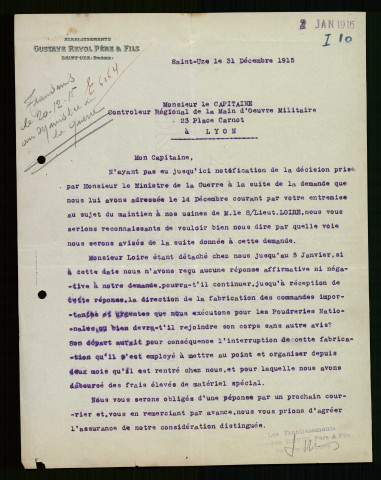 Contrôle régional de la main-d'oeuvre de Lyon. - Demande de mise en sursis du sous-lieutenant Loire, instructions concernant les frais de transport.