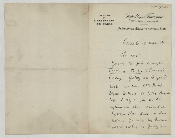 LAS lui signalant l'envoi de Triste et Tendre de Godoy et lui demande d'en parler dans Le Journal et reparlant de son ouvrage Baudelaire qui n'a pas plu à Descaves.