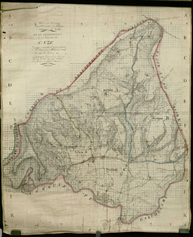 Cadastre par masse de culture. - Plan géométrique : sections A, Montgenlier (n°1-[222]) ; B, Geais (les) (n°1-[136]) ; C, Prés (les) (n°1-117) ; D, Rivoires (les) (n°1-[176]).