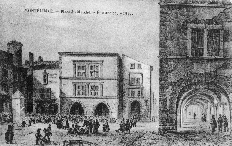 Reproduction d'une gravure représentant la place du Marché en 1815.