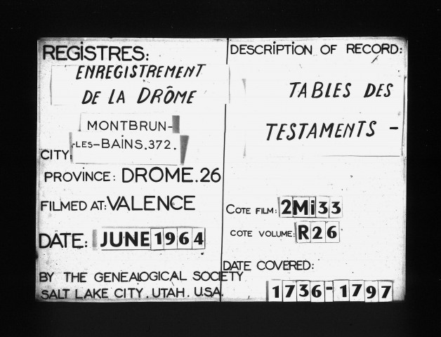 Table des testaments contrôlés.