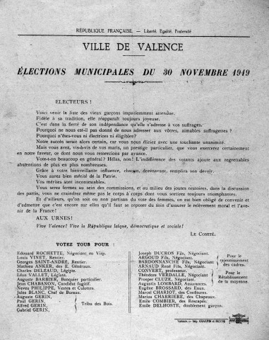 Valence. - Affiche pour les élections municipales du 30 novembre 1919.