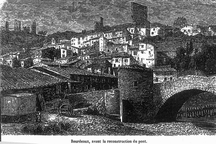 Reproduction d'une gravure représentant le village et l'ancien pont.