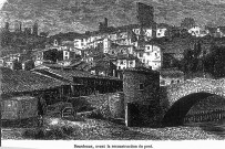 Reproduction d'une gravure représentant le village et l'ancien pont.