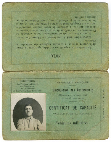 Certificat de capacité de conduite des véhicules militaires.