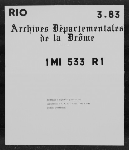 Baptêmes, mariages, sépultures (1698-1792).