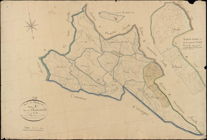 Section C, Chamauche. Chamauche (lieu-dit et hameau de, parcelles n° 182-196), Bourelle et Bertrands (les) (lieux-dits, parcelles n° 244-317 bis) (agrandissements).