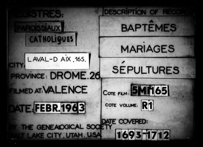 Baptêmes, mariages, sépultures (1693-1738).