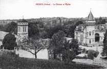 Peyrus.- Le château démoli en 1913 par sa propriétaire et le clocher de l'église Saint-Pierre.